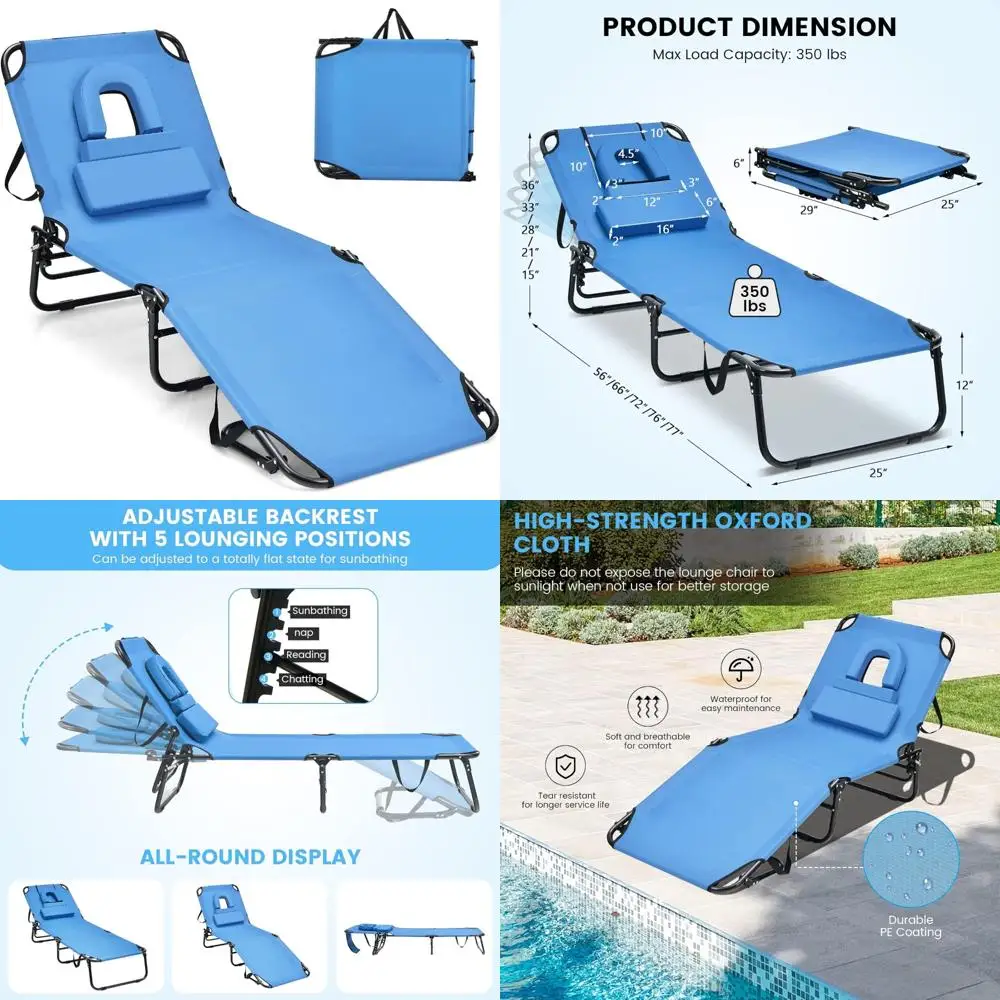 

Adjustable Folding Chaise Lounge Chair for Beach with Face Hole, Washable Pillow, Carry Strap, Supports Up to 350lbs