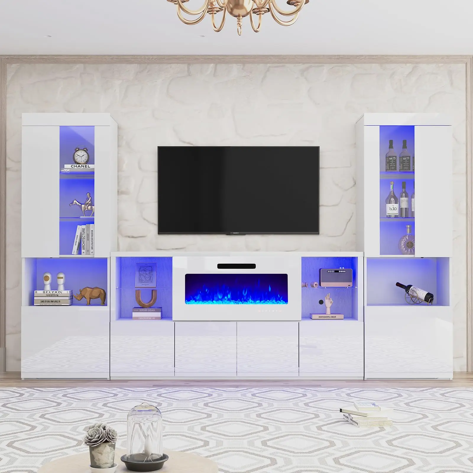 3 Piece Modern High Gloss Fireplace TV Stand + Bookcase Set for Living Room Includes 68