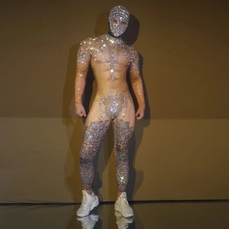 

DJ Nightclub Party Prom Outfits Performance Dance Show Stage Wear Men Elastic Leotard Headgear Sparkly Rhinestone Jumpsuits Sexy