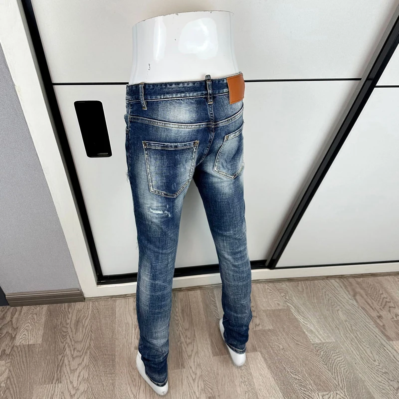 YMen's Slim Fit Stretch Jeans Nostalgic Washed Blue Fashionable Pleated Perforated Painted Retro Style New Arrivals