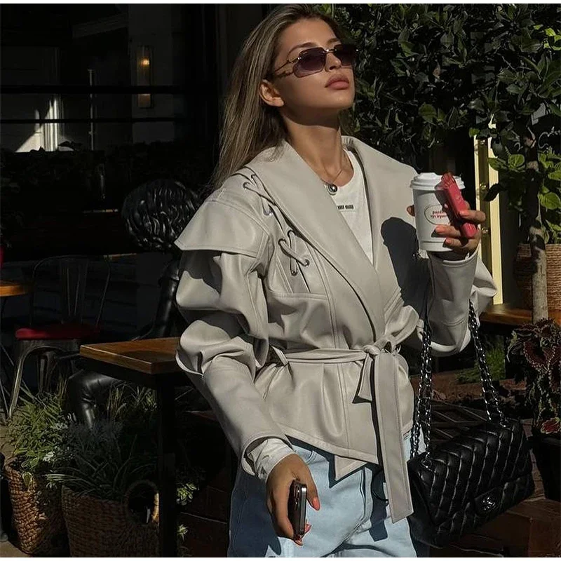 

Street Solid Color Lace Up Leather Jacket Woman Waist Cinching Long Sleeves Lapel Coat Casual Versatile Women's New Chic Jackets