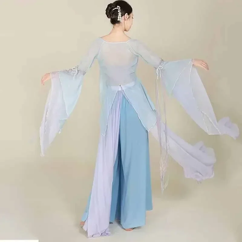 Klassische Tänzerin-Performance-Kostüme, Chiffon-Strickjacke, Übungstanzkleidung, Körperreim, lange äußere Volkstanz im chinesischen Stil