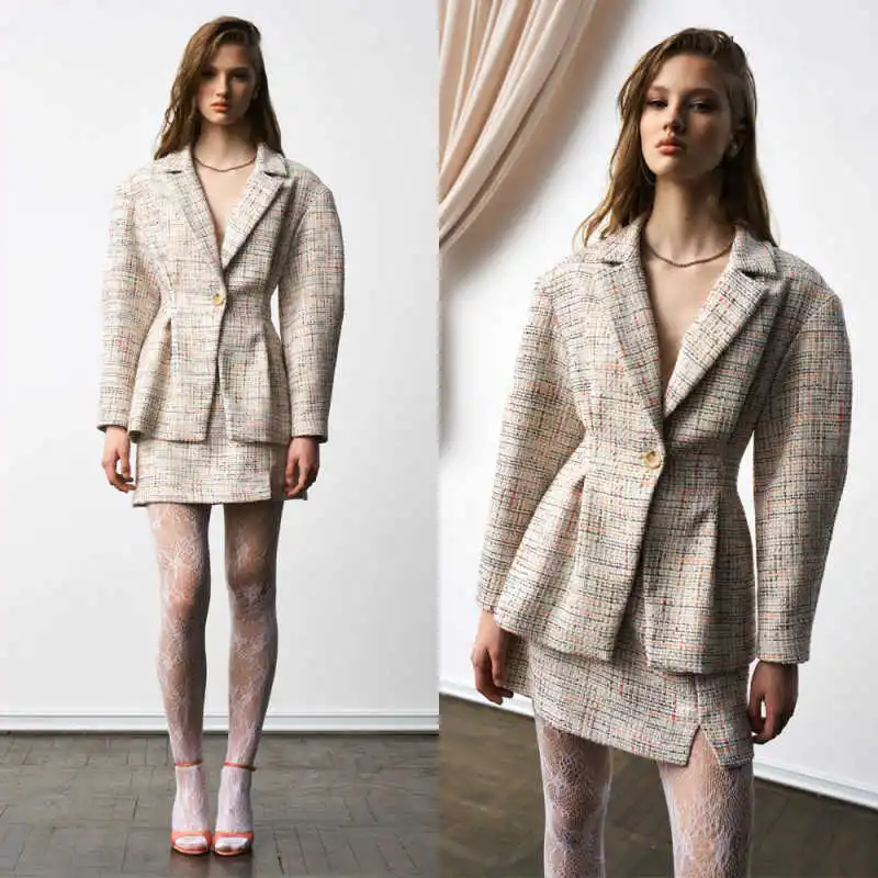 Chic Plaid Tweed Ladies 2‑Piece Outfit Notched Lapel Peplum Waist Blazer Short Skirt Set Daily Business Party Suit Customized