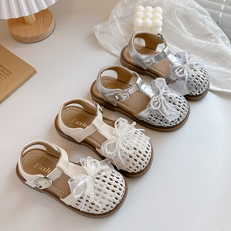 Kids'Casual Shoes Sandals PU Leather Bow Pearl Princess Summer Shoes For Girls Anti-slip Silver White Shoes Size 23-35