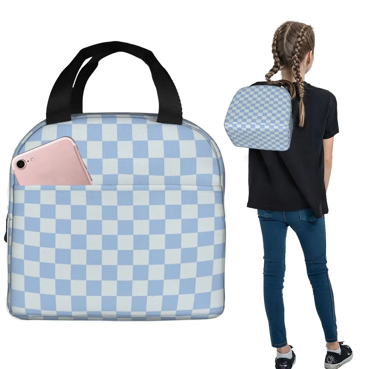 Checkerboard Mini Check Pattern Insulated Lunch Bag for Women Kids Portable Food Boxes Thermal Lunch Box Tote