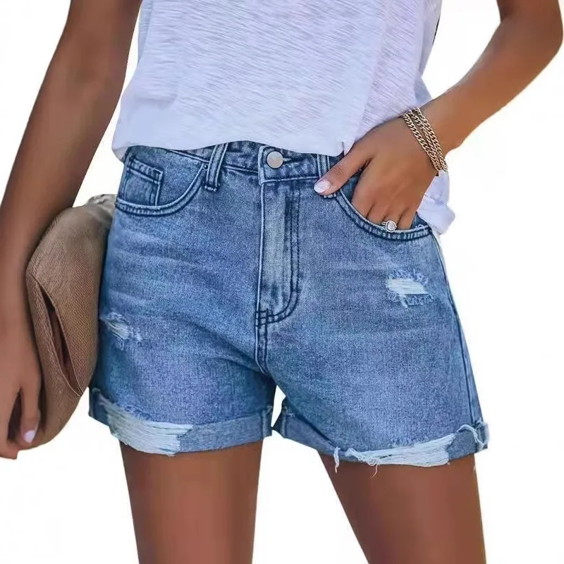 

2026 Women's High Waist Denim Shorts High Elasticity Hole Design Cross-Border Fashion Mid-Age Women's plus Size Jeans
