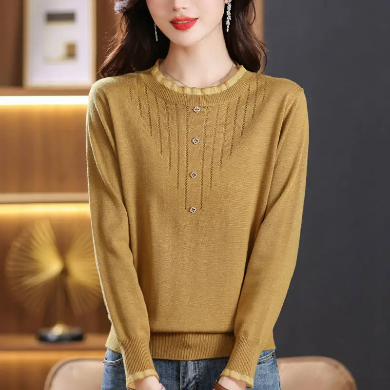 Autumn Winter Women\'s Clothing Round Neck Solid Color Pullover Long Sleeve Lace Patchwork Button Sweater Knitted Elegant Tops