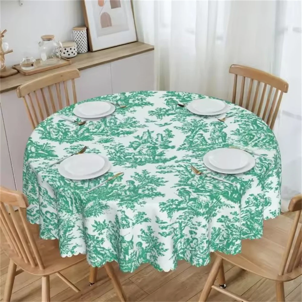 Custom Round Fitted Navy Blue Toile De Jouy Table Cloth Oilproof Tablecloth 60 inch Table Cover for Kitchen Dinning