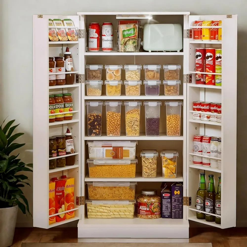 

50" LED Kitchen Pantry Storage Cabinets - Standing Food Cabinets Cupboards with 2 Doors with Racks and Shelves Adjustable