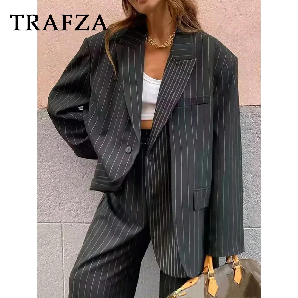 TRAFZA 2024 Spring Summer Office Lady Blazers Fashion Chic Casual Solid Single Breasted Elegant Oversized Shrug Women Blazers