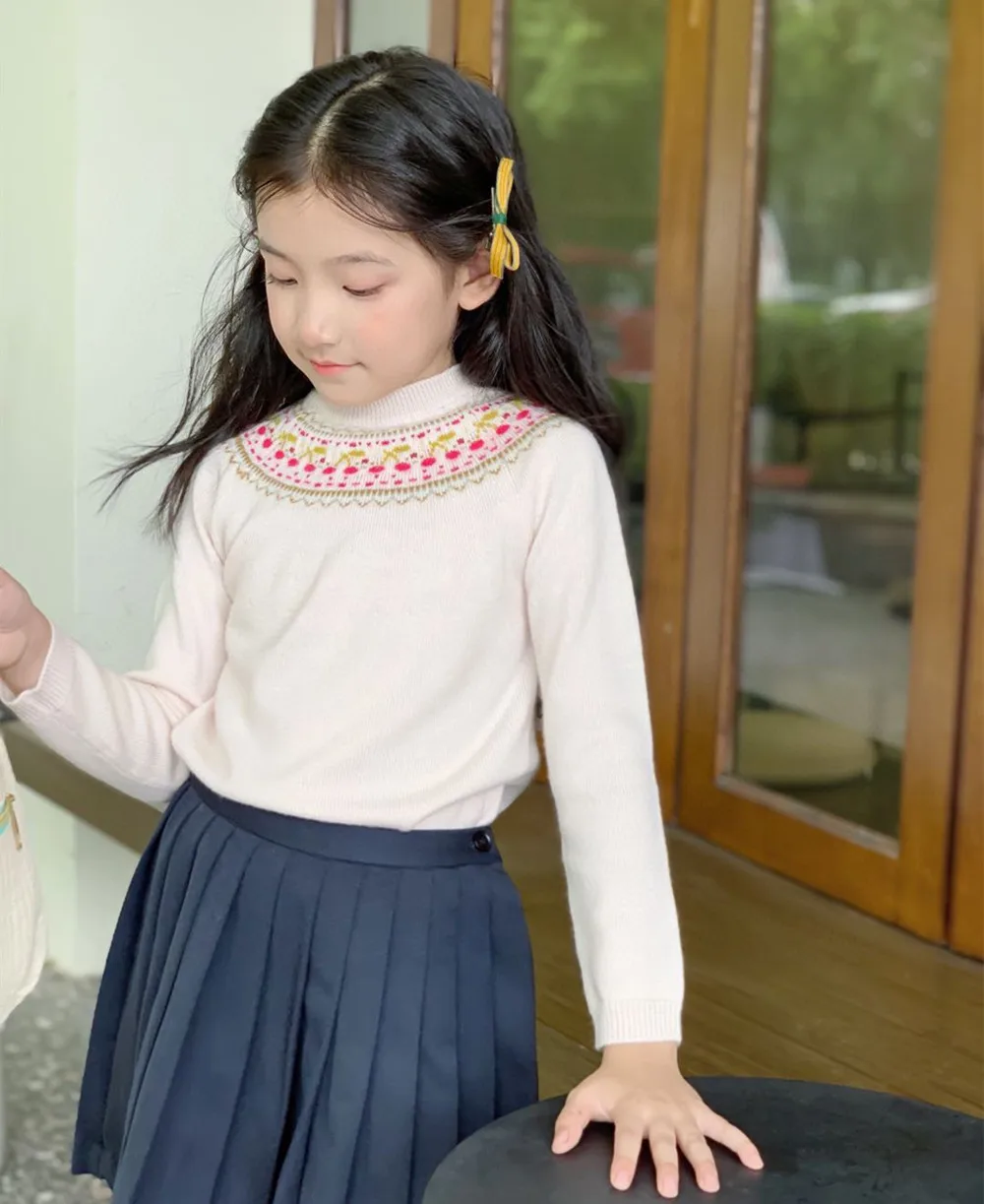 spring kids sweaters girls tops French-style cherry sweater 80% wool girls sweet and light pink knitted tops