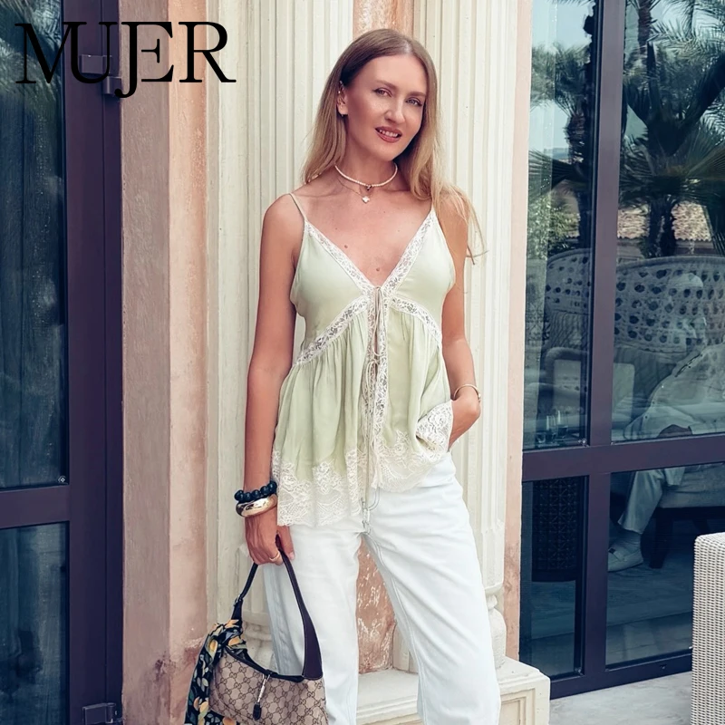 MUJER Spitzen-Slip-Tops für Damen, plissiertes Camisole-Top, ärmellose Damen-Tops, Sommer-Top mit offenem Rücken, sexy Strand-Tank-Top für Damen