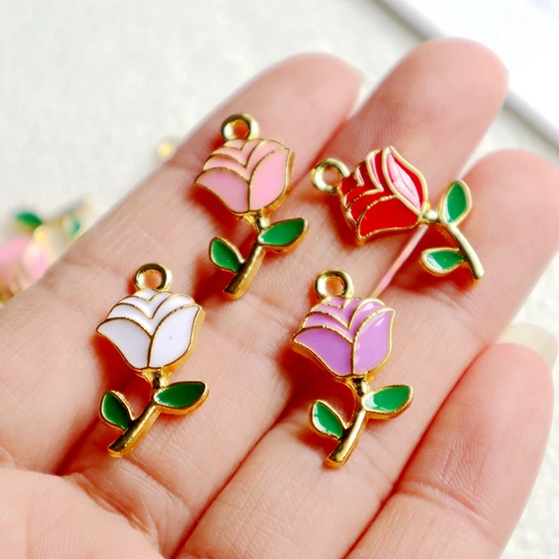 

10pcs Rose Blossom Alloy Enamel Pendant Charming Colorful Flower Dangle DIY Necklace Bracelet Earrings Keychain Accessories X110