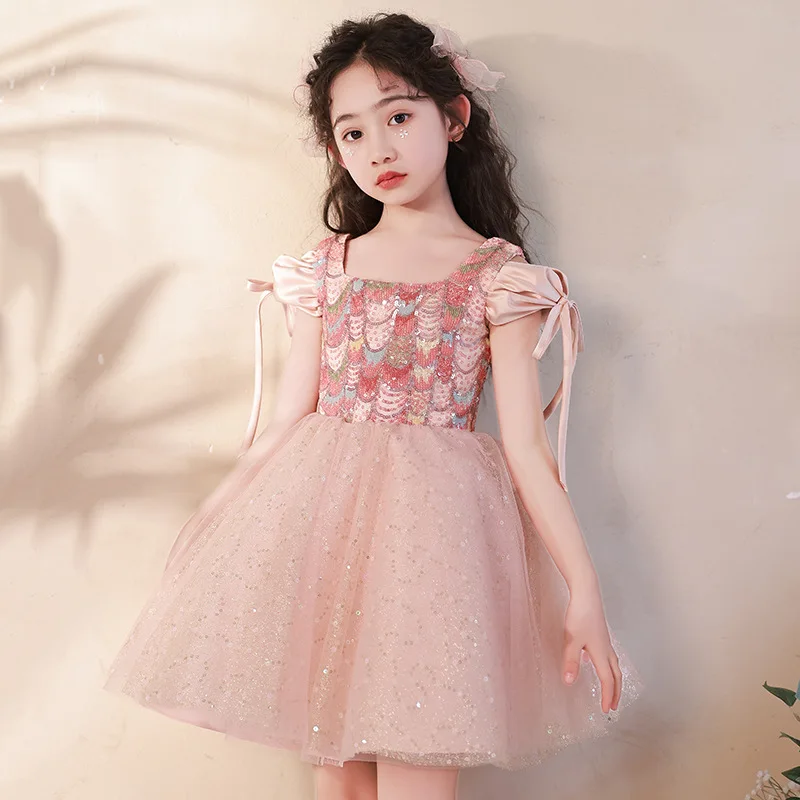 

Girl's Dress Pink Birthday Fashion Princess Dress Flower Girl Light Luxury Children's Host Piano Performance g79