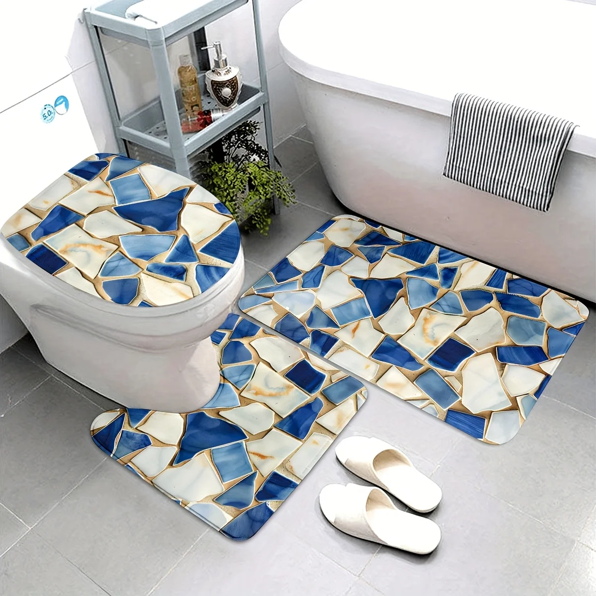 

3 шт. сине-белые мозаичные керамические фрагменты для ванной комнаты, нескользящие коврики, U-образные коврики для унитаза, коврики для крышки унитаза