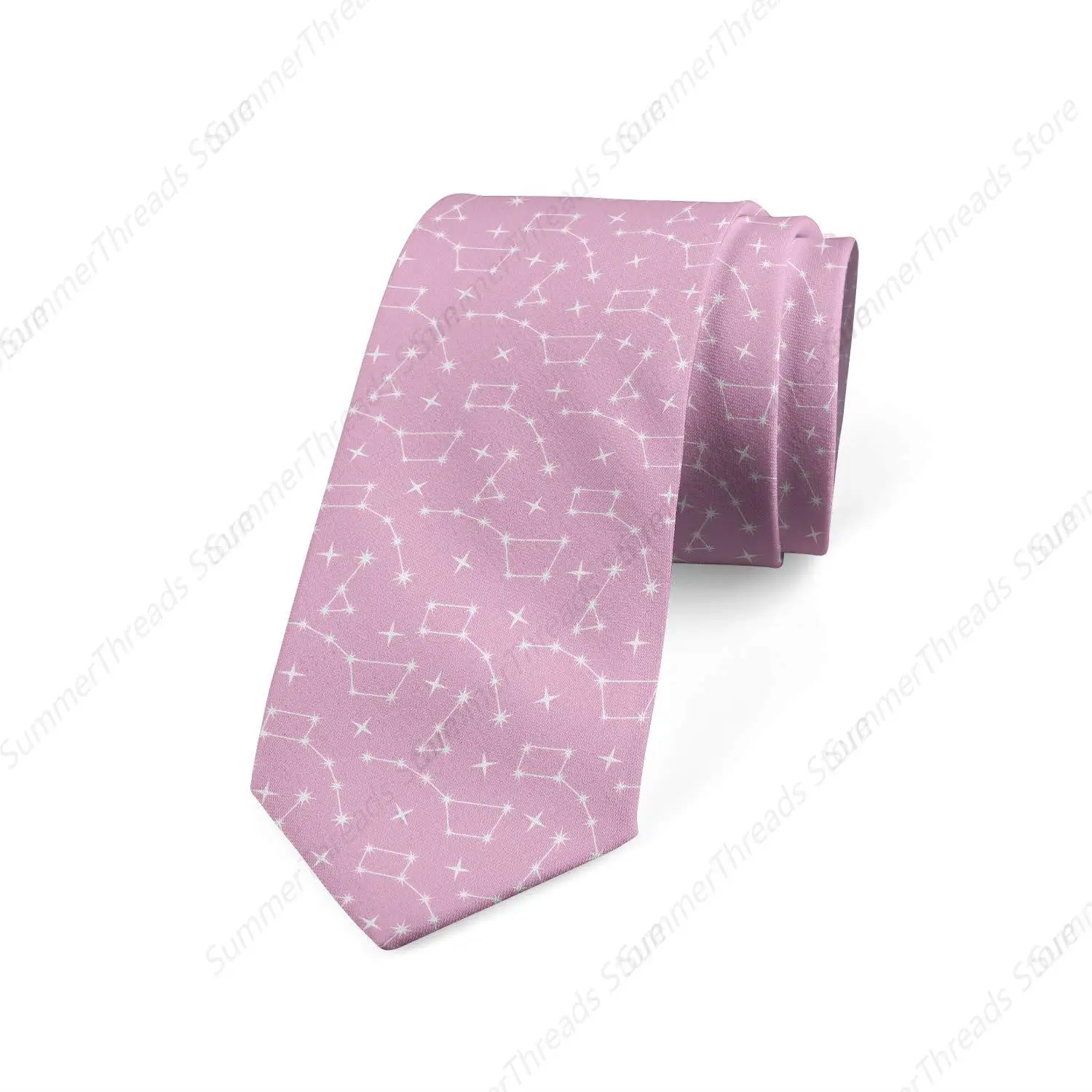 Stars Men's Tie, Constellation Sky Astronomy Space Exploration Celestial Galaxy Zodiac Pattern Pink and White