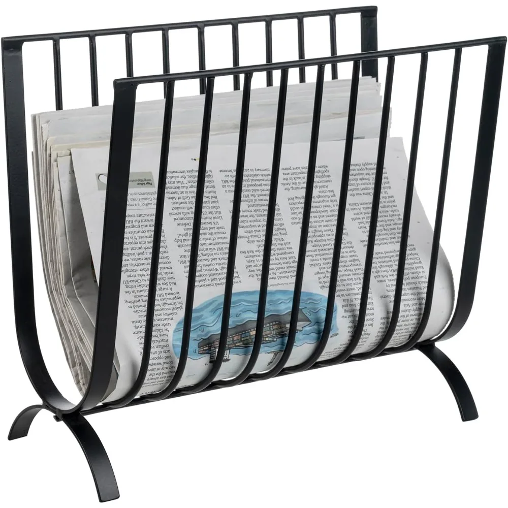 Elegant Black Metal Magazine Rack, Mid Century Style Wire Sling Basket for Tabletop or Floor, Perfect for Magazines and Tablets