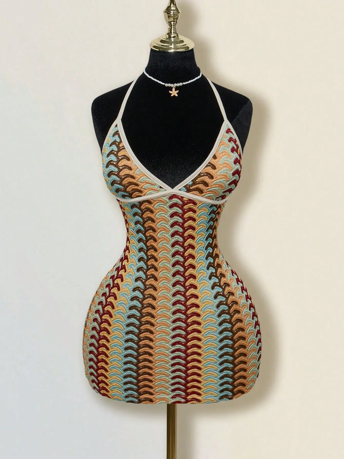 

Colorful Jacquard Knitted Halter Deep V-Neck Mini Beach Dress Boho Style