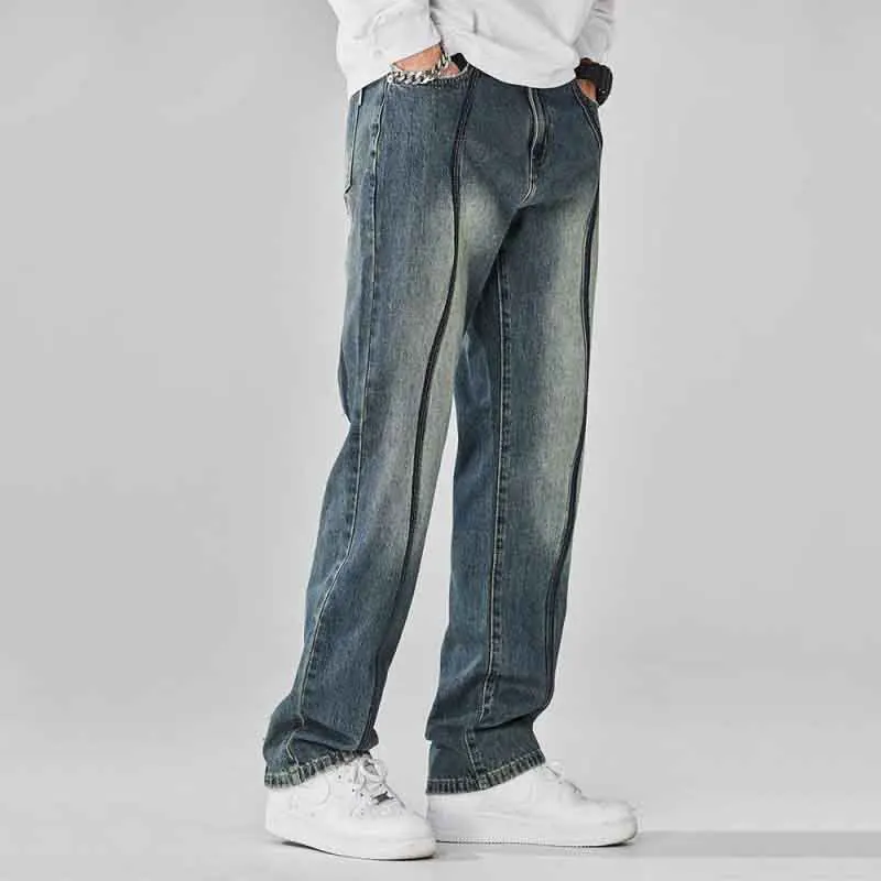 Jeans estivi Vintage stile americano High Street da uomo cerniere tascabili tendenza invecchiata pantaloni in Denim a gamba larga dritti versatili