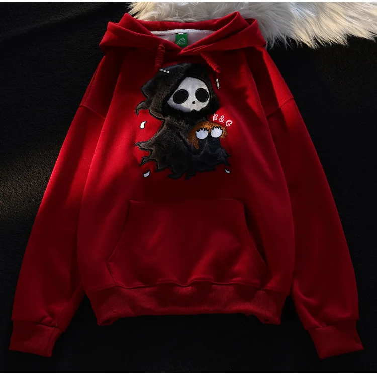 American three-dimensional plush hooded sweater women's autumn and winter loose embroidery little ghost demon flocking coat