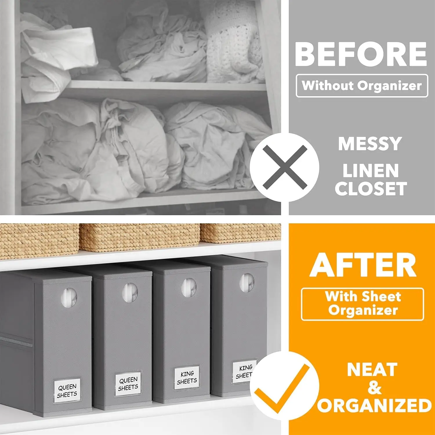 4 Pack Bed Sheet Organizers and Storage, Foldable Organizer for Linen Closet, Sheets Set Folder Keeper with Window XL (Queen & K view 2