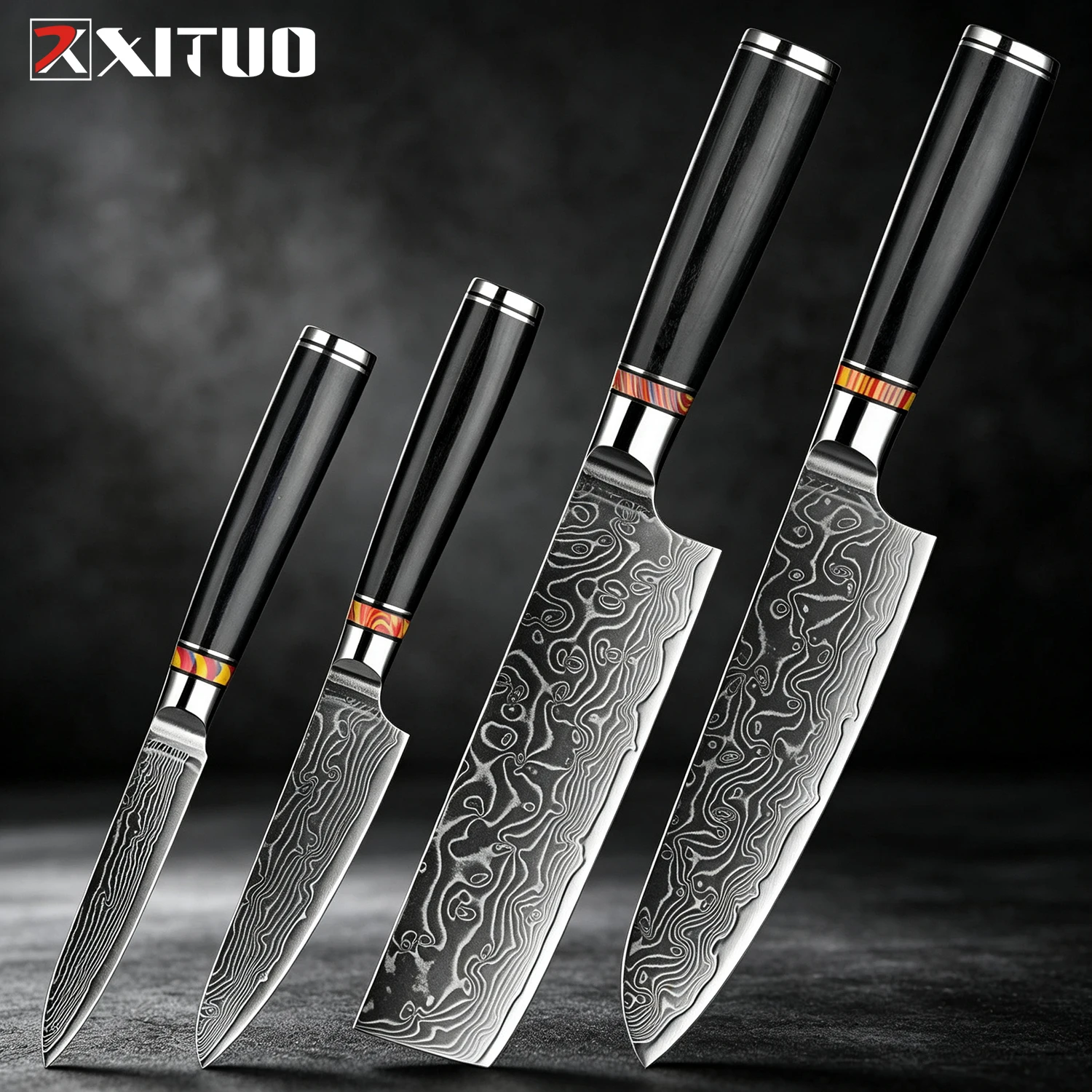 XITUO 1-4-teiliges Profi-Küchenmesser-Set, Damaszener Stahl Scharfe Santoku-, Nakiri-, Allzweck- und Schälmesser, mit Ebenholzgriff