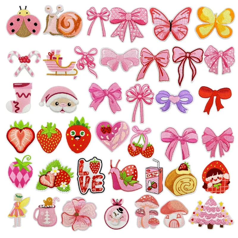 Ironing Patch Cartoon Embroidery Pink Bow Anime Strawberry Snail Hair Accessories Pink Sewing Iron on Patches