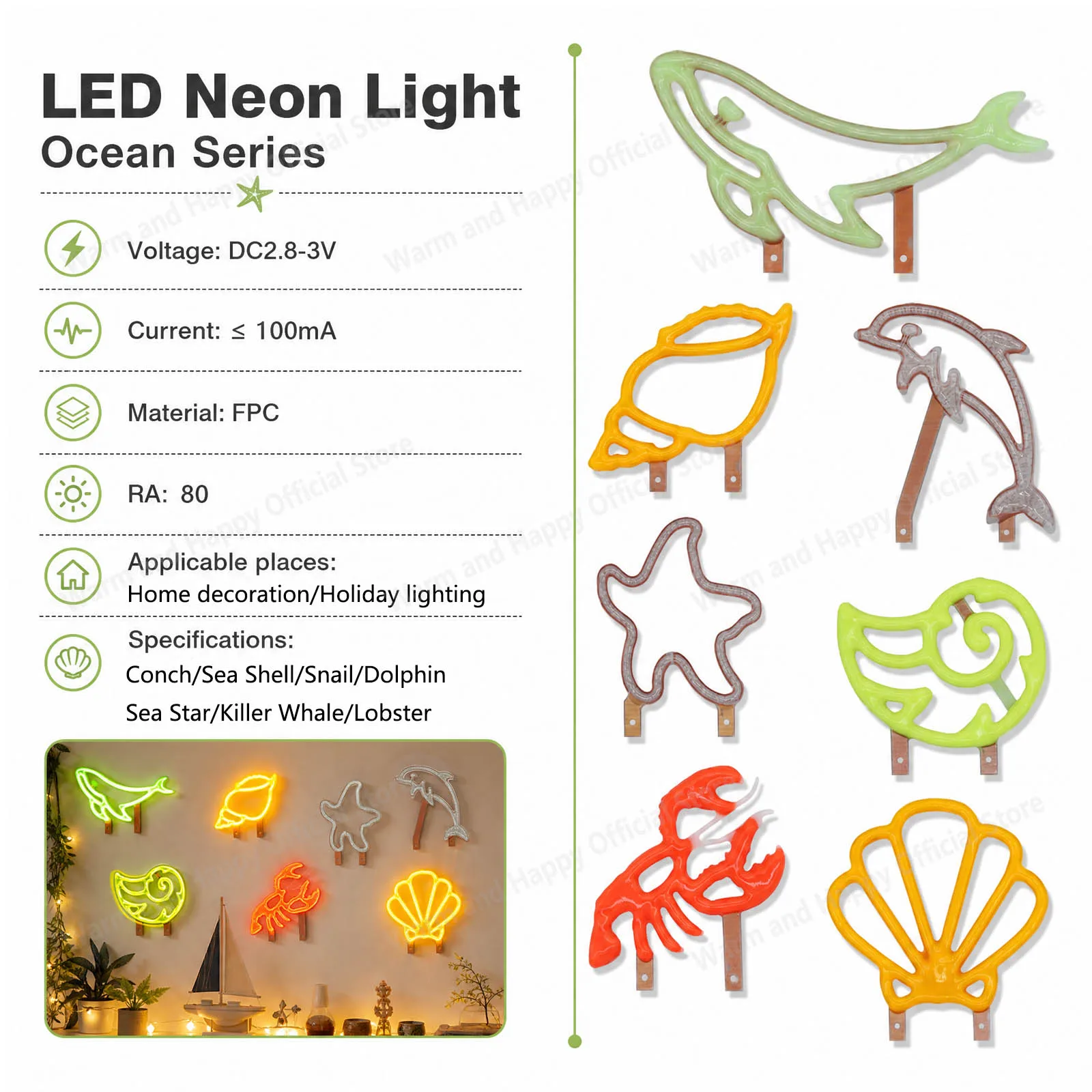 1Pcs DC3V LED Rainbow Ocean Graphic Filament Lamp Series for Party Bedroom Wall Decoration Environmental Atmosphere Lighting DIY