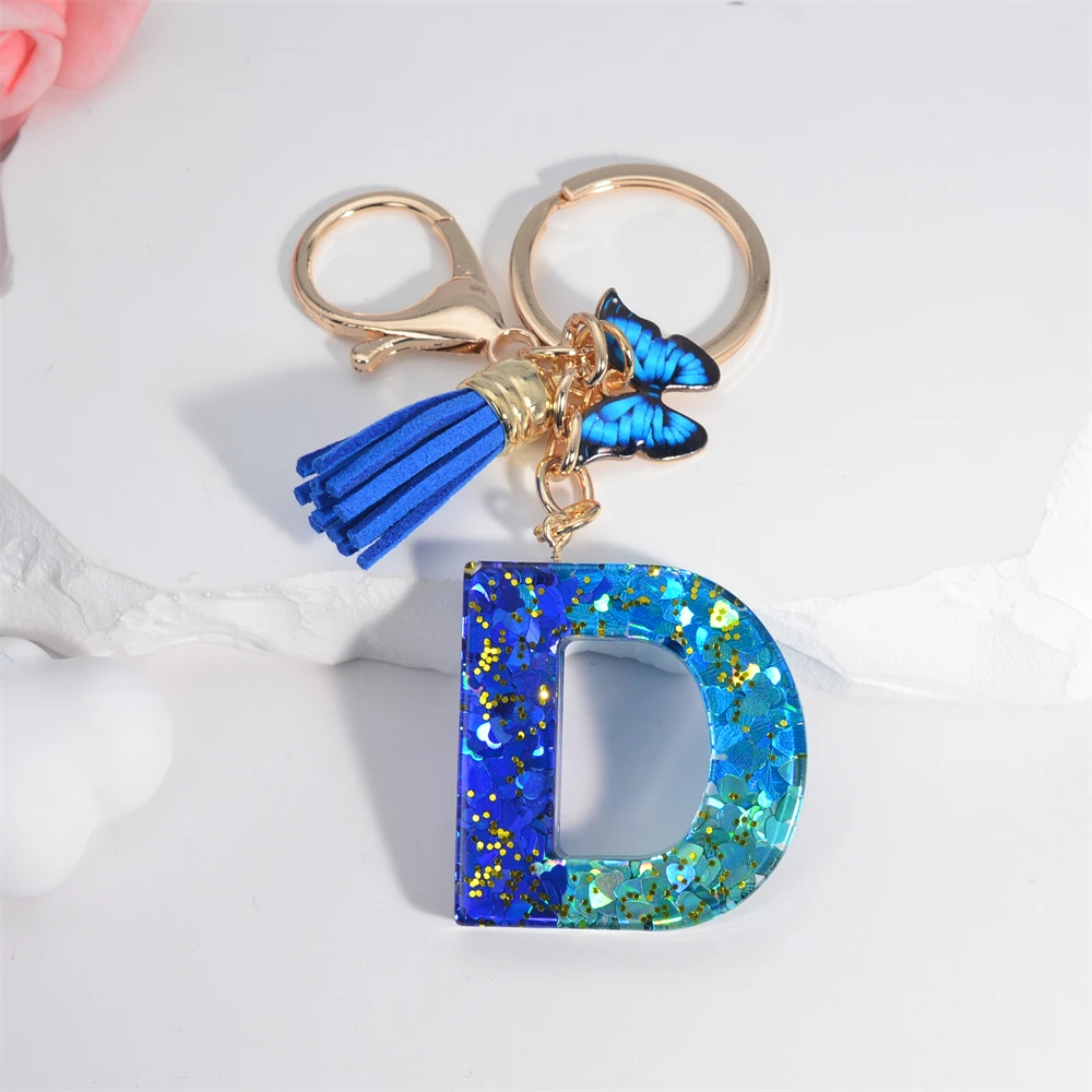 Schlüsselanhänger mit 26 englischen Alphabet-Buchstaben, Quasten, Kristall, Acryl, Schmetterling, Anhänger, Schlüsselanhänger, Geschenk, Modeschmuck, Accessoires