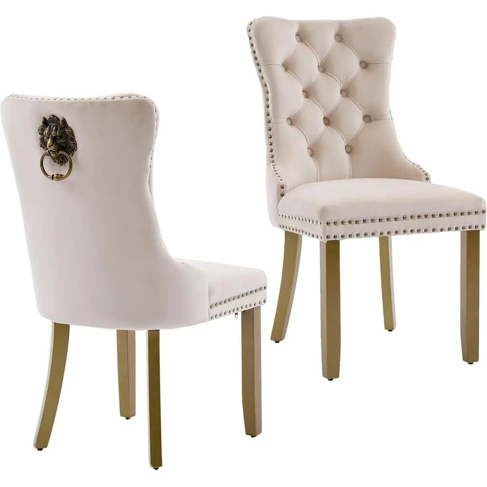 

Комплект из 2 обеденных стульев с бархатной обивкой, пуговичным креплением, ножками из нержавеющей стали и декоративными кольцевыми заклепками, бежевый