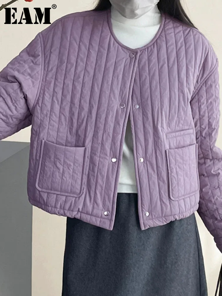 [EAM] Purple Big Size Keep Warm Cotton-padded Coat Long Sleeve Women Parkas Fashion Tide New Autumn Winter 2025 1DH8661