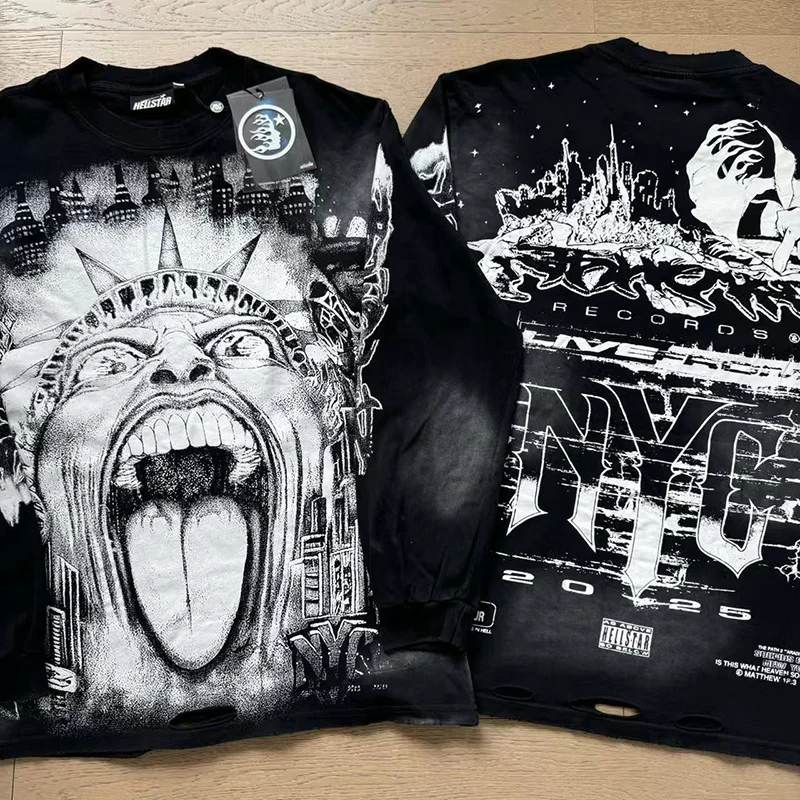 

Hell Star HEII Trendy High Street Loose Fit Long Sve T-irt ex Spring Autumn Letter Print Worn out Cotton Crew Ne