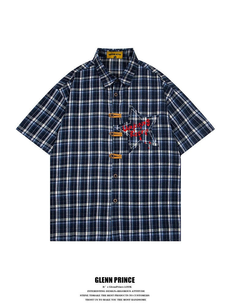 

GPstudio American Retro Star Embroidered Plaid Short Sleeve Men's Summer Loose BF College Style Shirt Breathable Polyester Yo...
