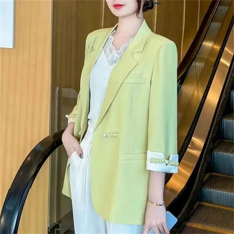 Blazer retrô três quartos de mangas para mulheres, terno justo para senhoras, jaqueta fina, tops casuais, estilo coreano, novo para primavera e verão