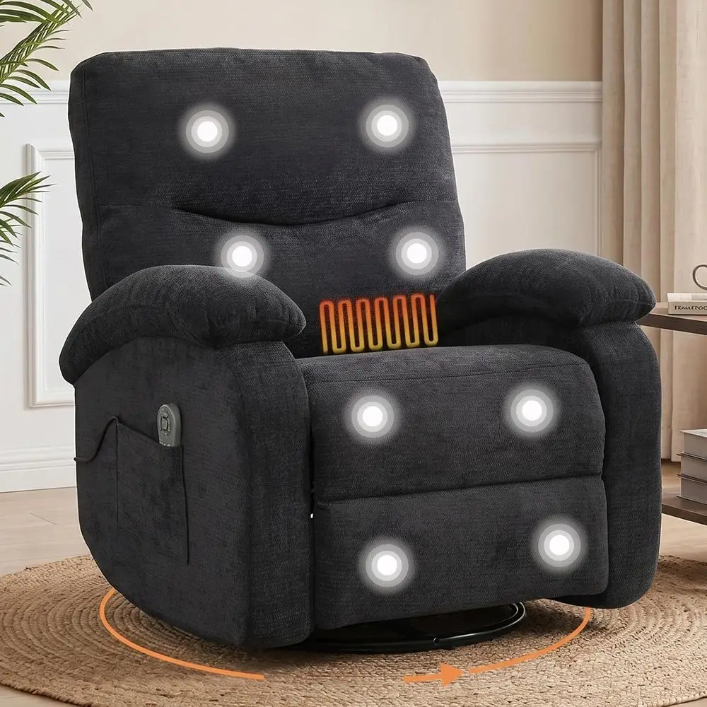 

Swivel Recliner Chair with Heat and Massage, Ergonomic Comfort for Seniors, Lumbar Support, Ideal for Home Theater, Black