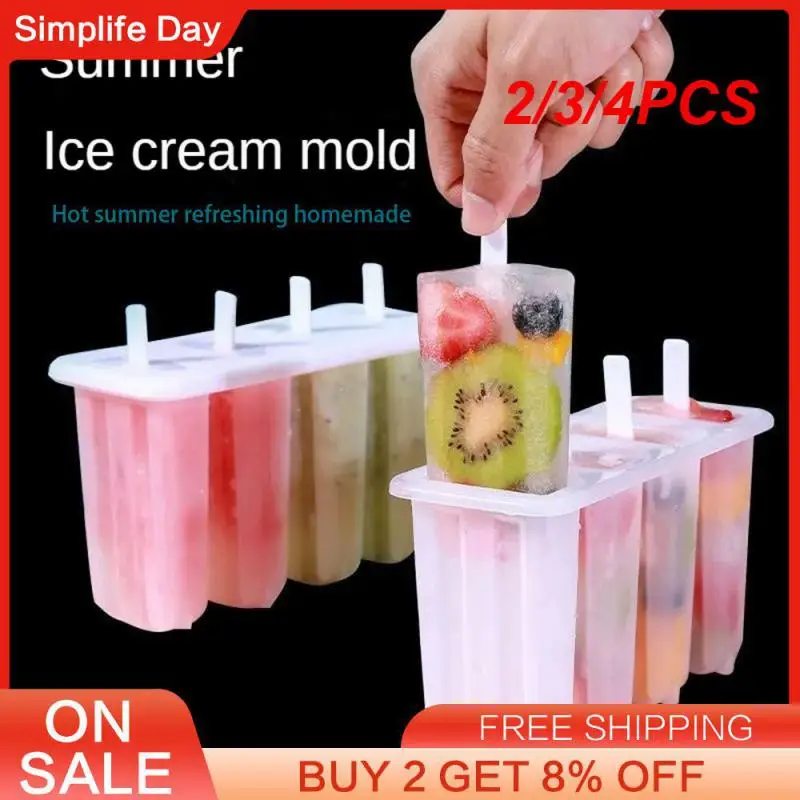 2/3/4PCS Sorbet Mold Durable 4 Grids 4 Even Popsicle Molds Kitchen Tools Popsicle Mold Material Safety Covered Mold Mold