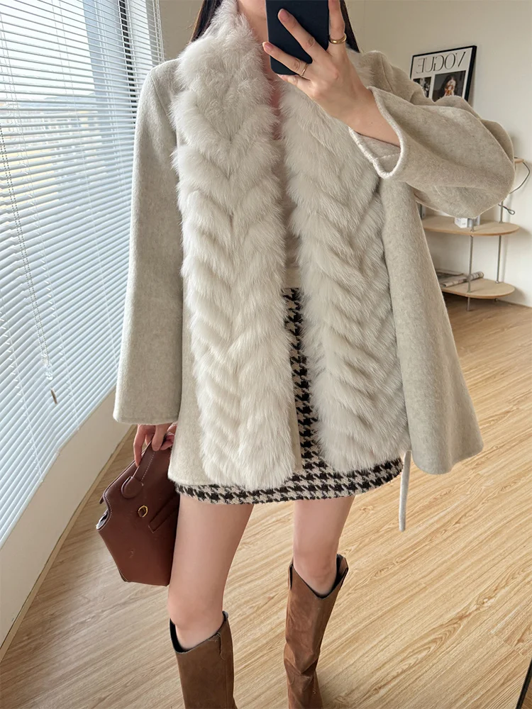 

2025 зимняя теплая женская шерстяная кашемировая куртка с воротником из натурального лисьего меха, роскошное толстое женское пальто, шерстяная женская верхняя одежда