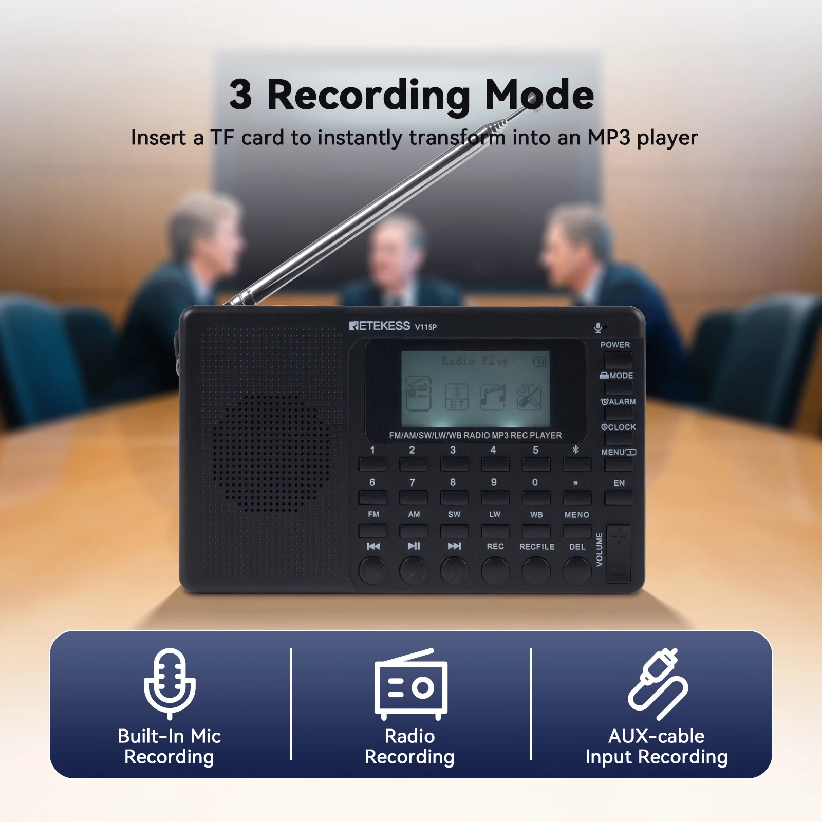 Retekess V115P Радио FM AM SW LW WB Портативные радиоприемники Перезаряжаемая коротковолновая радиостанция с питанием от аккумулятора Полноволновой USB-рекордер для подарка