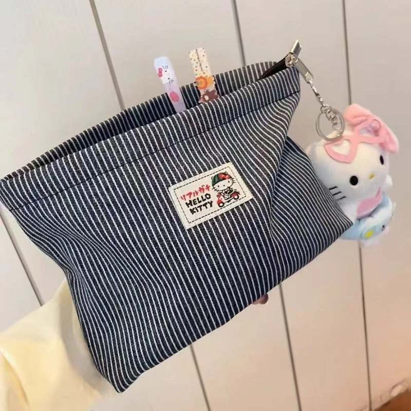 Kawaii Hello Kitty New Striped Denim Makeup Bag Ins Storage Bag Outdoor Inner Liner Bag Sanrio Gift Toy for Girl