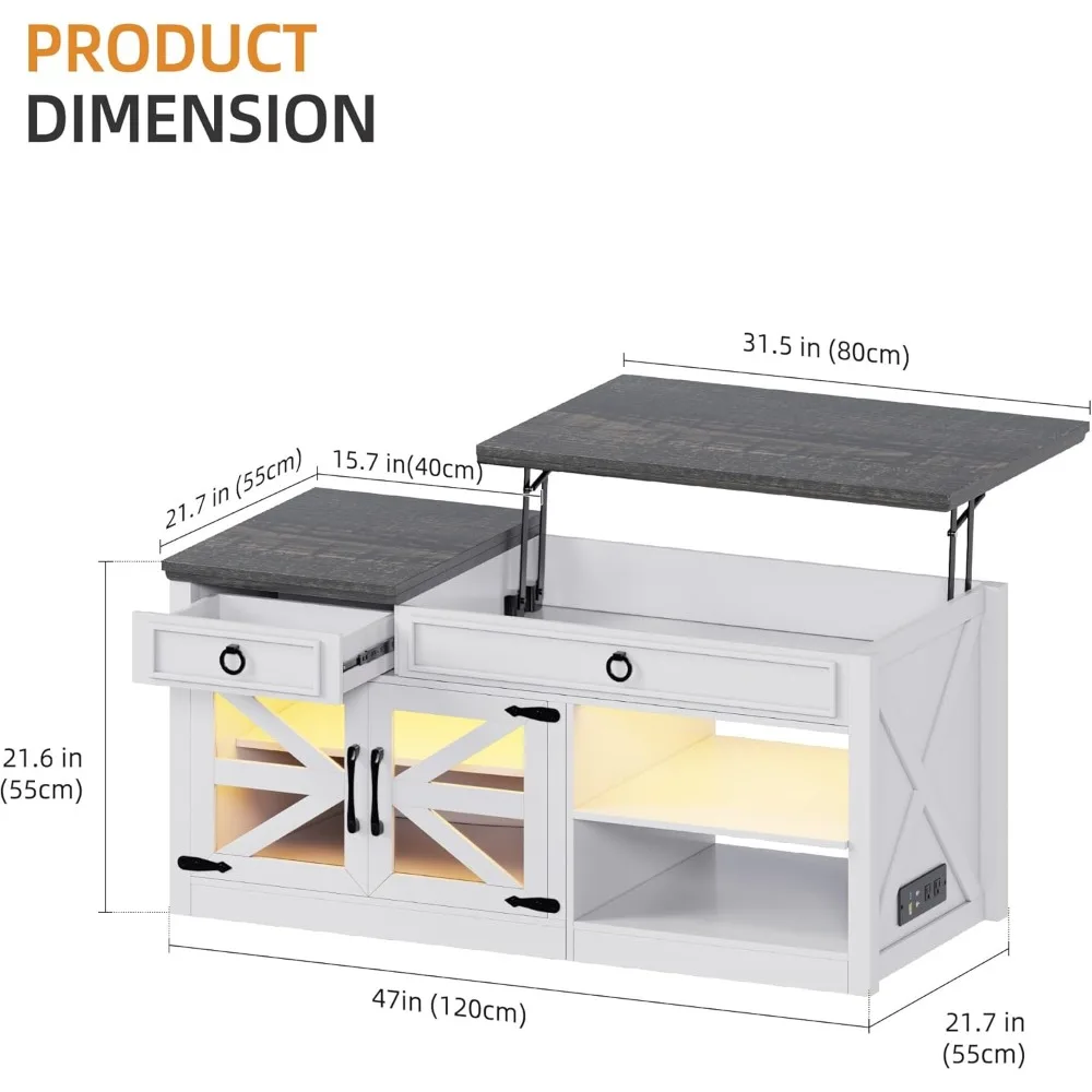 48 Farmhouse Coffee Table with Lifting Top, LED Center Table with Human Sensor Light,Lift Top Coffee Table