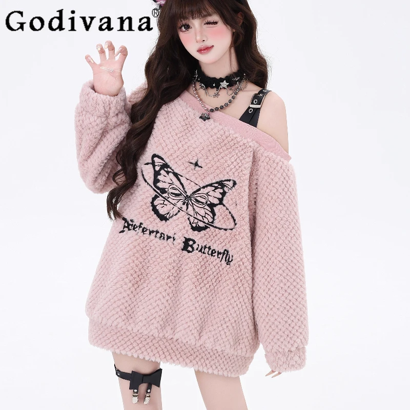 

Y2k Sweet Cool Butterfly Autumn Winter Loose Irregular Slanted Shoulder Sweater Cute Girl Long Sleeve Solid Color Versatile Top