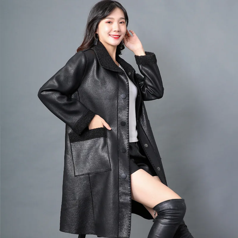 Casual Oversized Long Soft Faux Leather Fur Coat Lambsw Collar Women Long Sleeve Buttons Elegant PU Jacket Lady Clothing Parkas