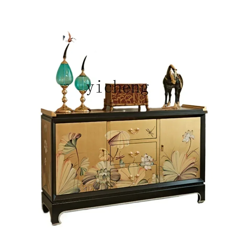 b217gold foil painted lotus flower new Chinese grid living room entrance decorative storage shoe cabinet