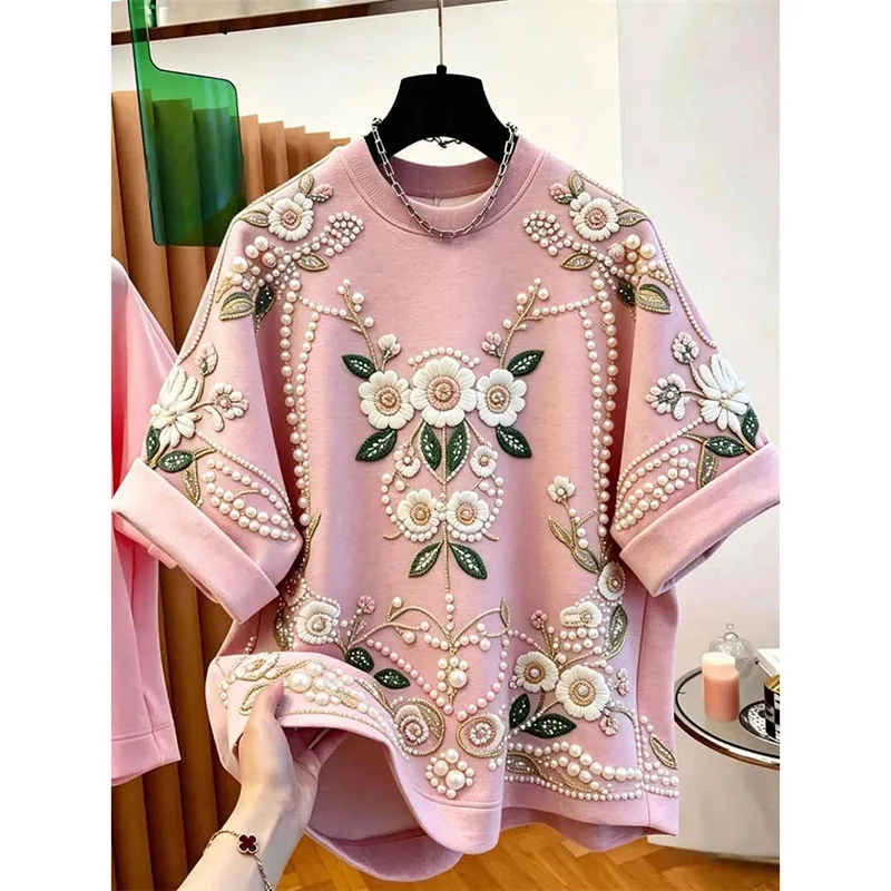 Pink Nail Bead Loose Short Sleeved T-shirt for Women Summer Plus Size Floral Flowers Fashion Top Both Men Women Same Style