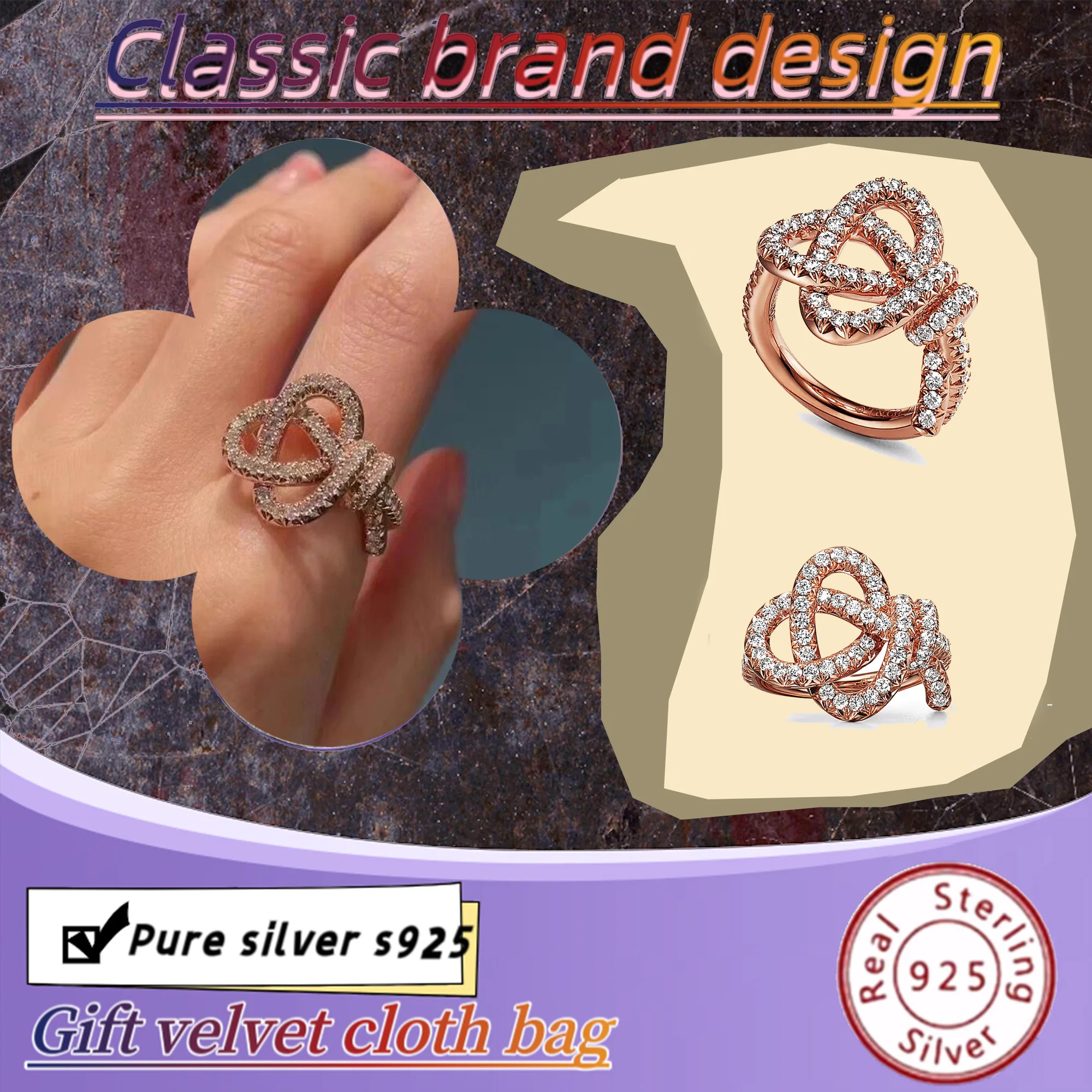 1889 Knot Design Pure Silver s925 Renowned High Fashion Diamond Set Rose Gold Women's Light Luxury Ring