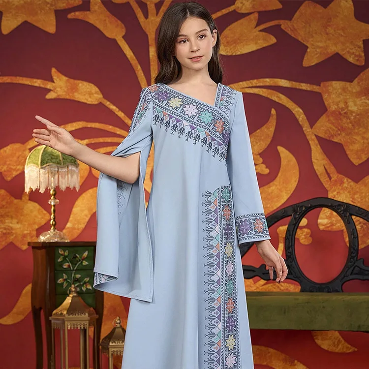 New Muslim Kids Girls Embroidery Long Sleeve Maxi Dress Robe Ramadan Islamic Children Clothing Arabic Abaya Turkey Party Morocco