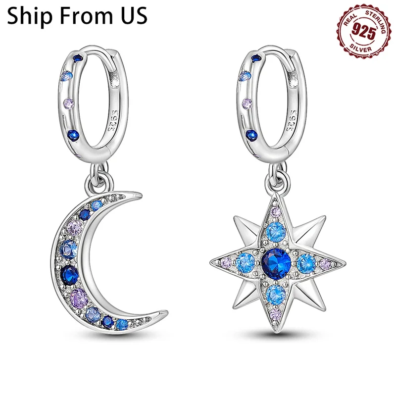 925 Sterling Silver Blue Star Moon Starry Sky Series Drop Earrings For Woman Fashion Party Fine Gift Elegant Jewelry Accessories