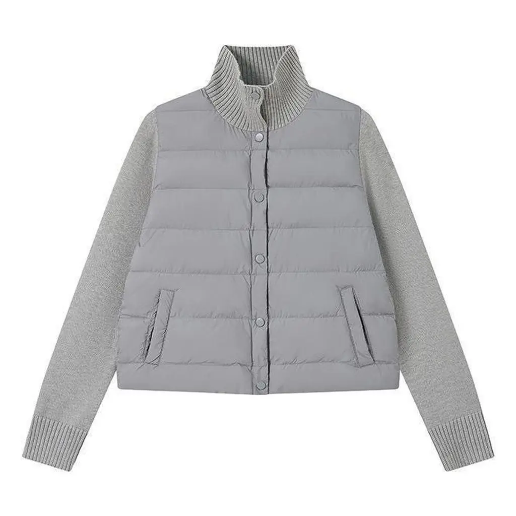 Lightweight Warm Grey Knitted Patchwork Stand Collar Cotton Jacket Women's 2026 Autumn Winter New High-End Feel Casual Style Top