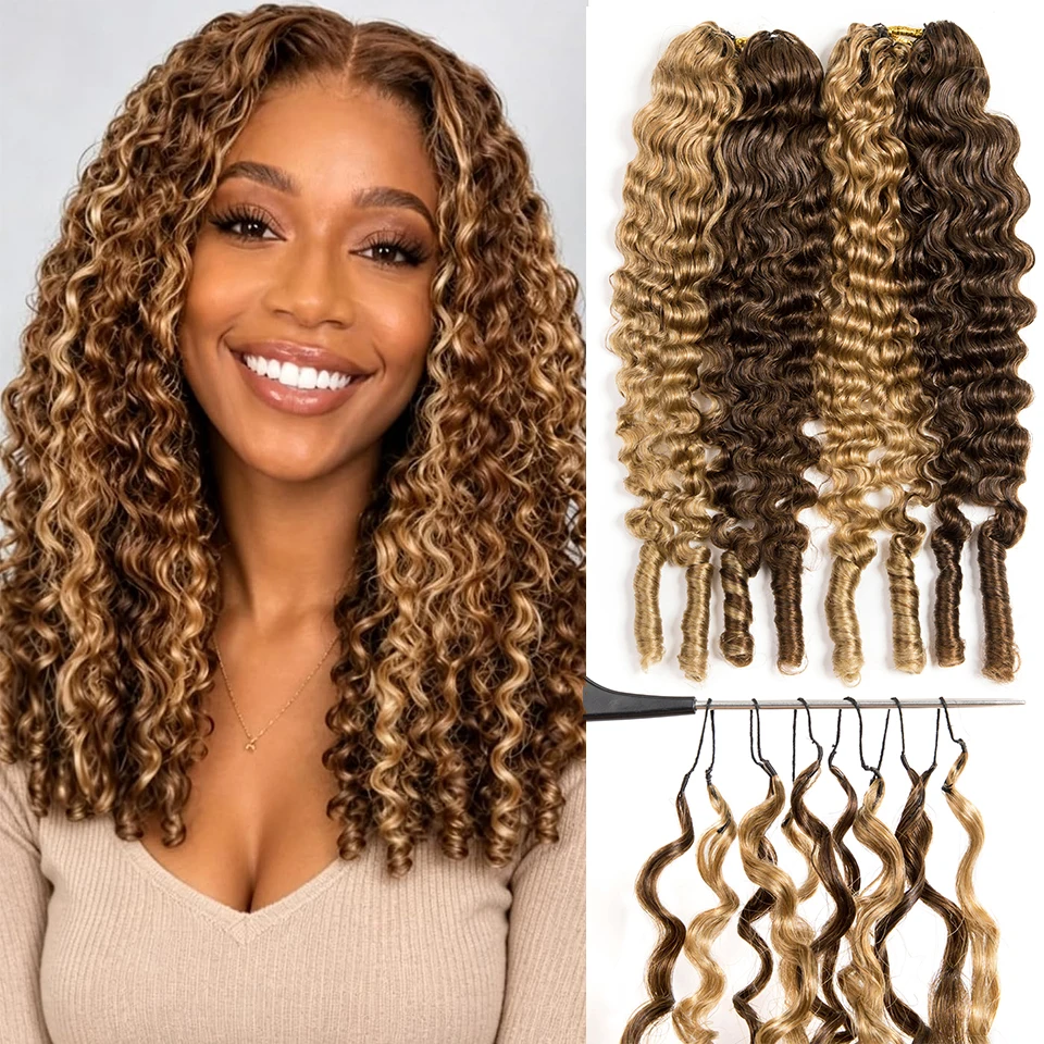 #P4/27 Honey Brown Highlight Pre-Separated Feather Crochet Burmese Curly Human Hair Extensions Invisible Miracle Knots Crochet Burmese Curly Human Hair Lightweight Reusable Remy Virgin Human Hair Extensions Deals For Women Daily Use Kpop Hairstyles