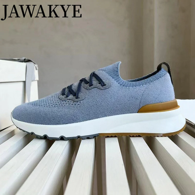 JAWAKYE 2024 Spring Men Sneakers Knitting Casual Flat Men\'s shoes Thick Bottom Ridged Sole Trainers Lace up Driving Shoes Men